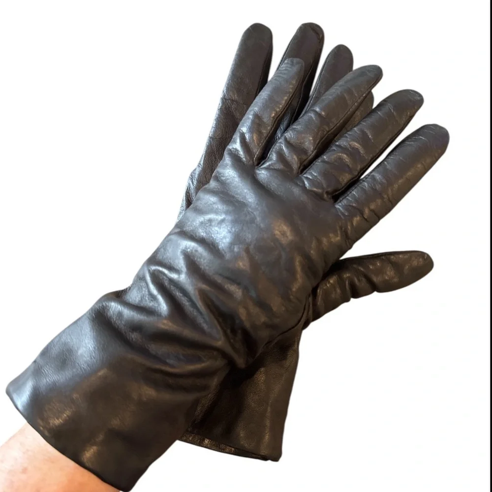 Genuine Black Leather Cashmere Lining Gloves Size 8